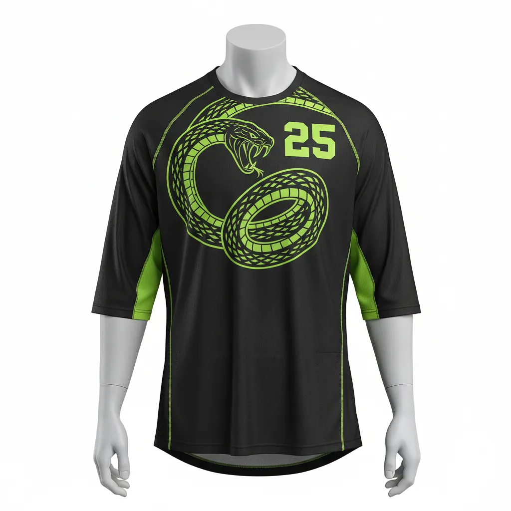 Custom Lacrosse Shooting Shirt - Black, Green - Neon Serpent Strike - Front View - Kinexa Sportswear