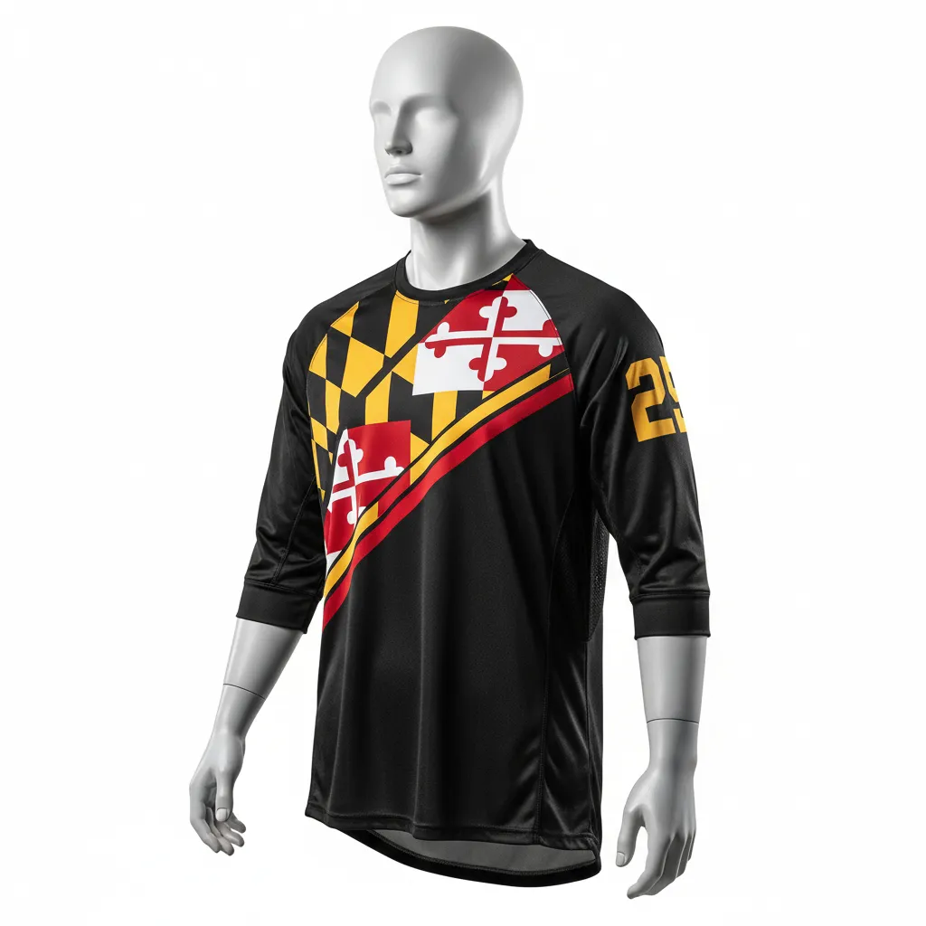 Custom Lacrosse Shooting Shirt - Black, Red, Gold - Maryland Pride - Front View - Kinexa Sportswear