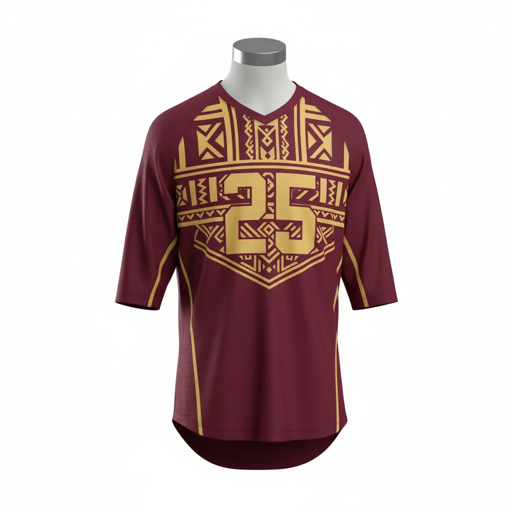Custom Lacrosse Shooting Shirt - Burgundy, Gold - Vegas Tribal Clash - Front View - Kinexa Sportswear