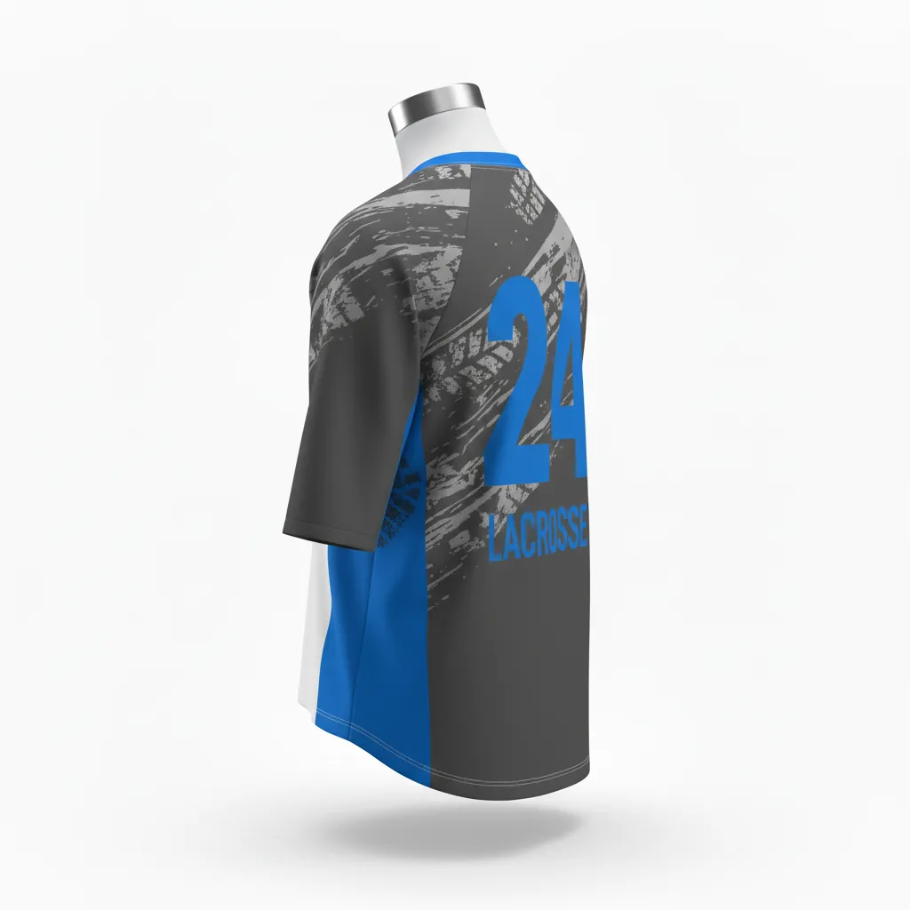 Custom Lacrosse Shooting Shirt - Blue - Charcoal Electric Cleat Marks Trail - Back View - Kinexa Sportswear