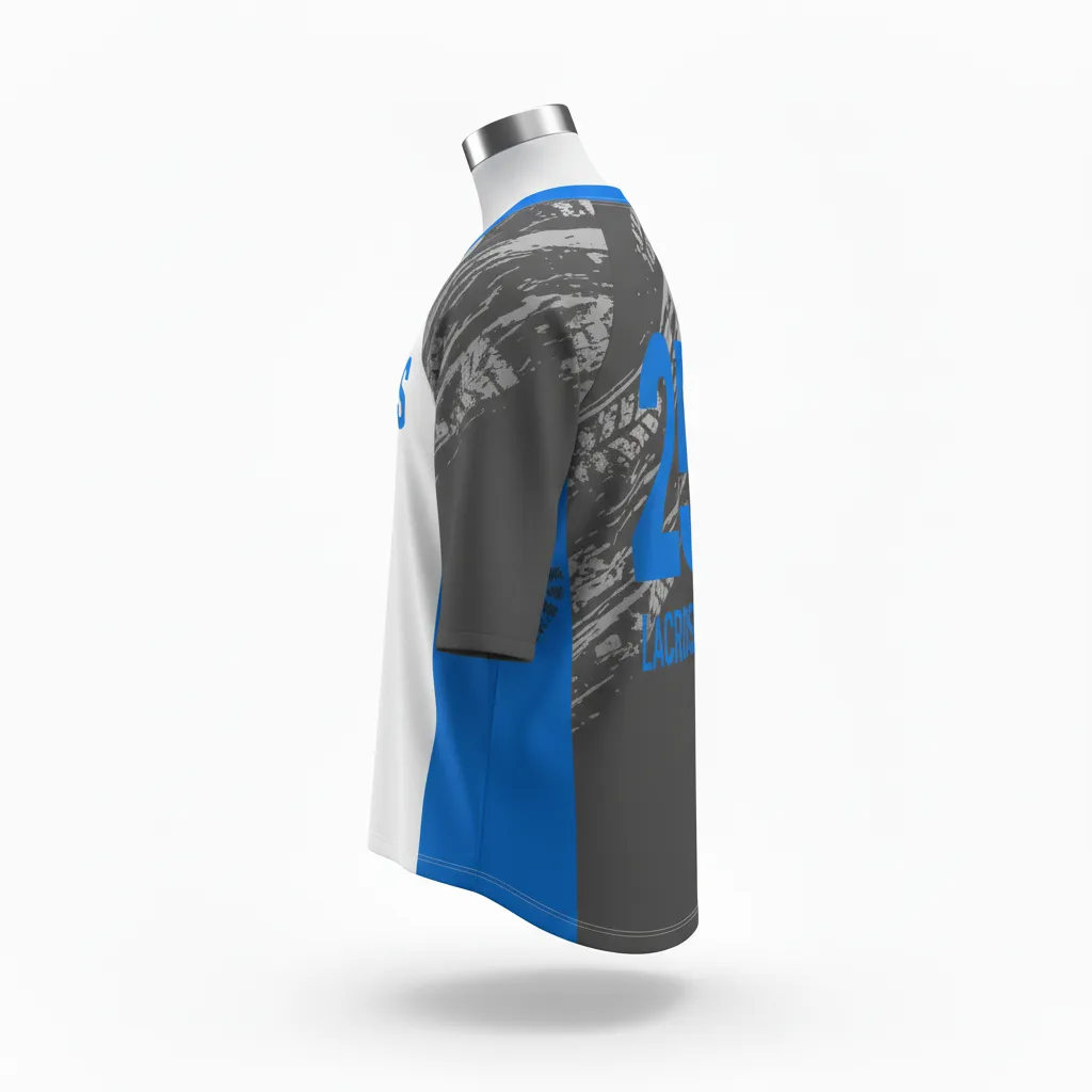 Custom Lacrosse Shooting Shirt - Blue - Charcoal Electric Cleat Marks Trail - Side View - Kinexa Sportswear