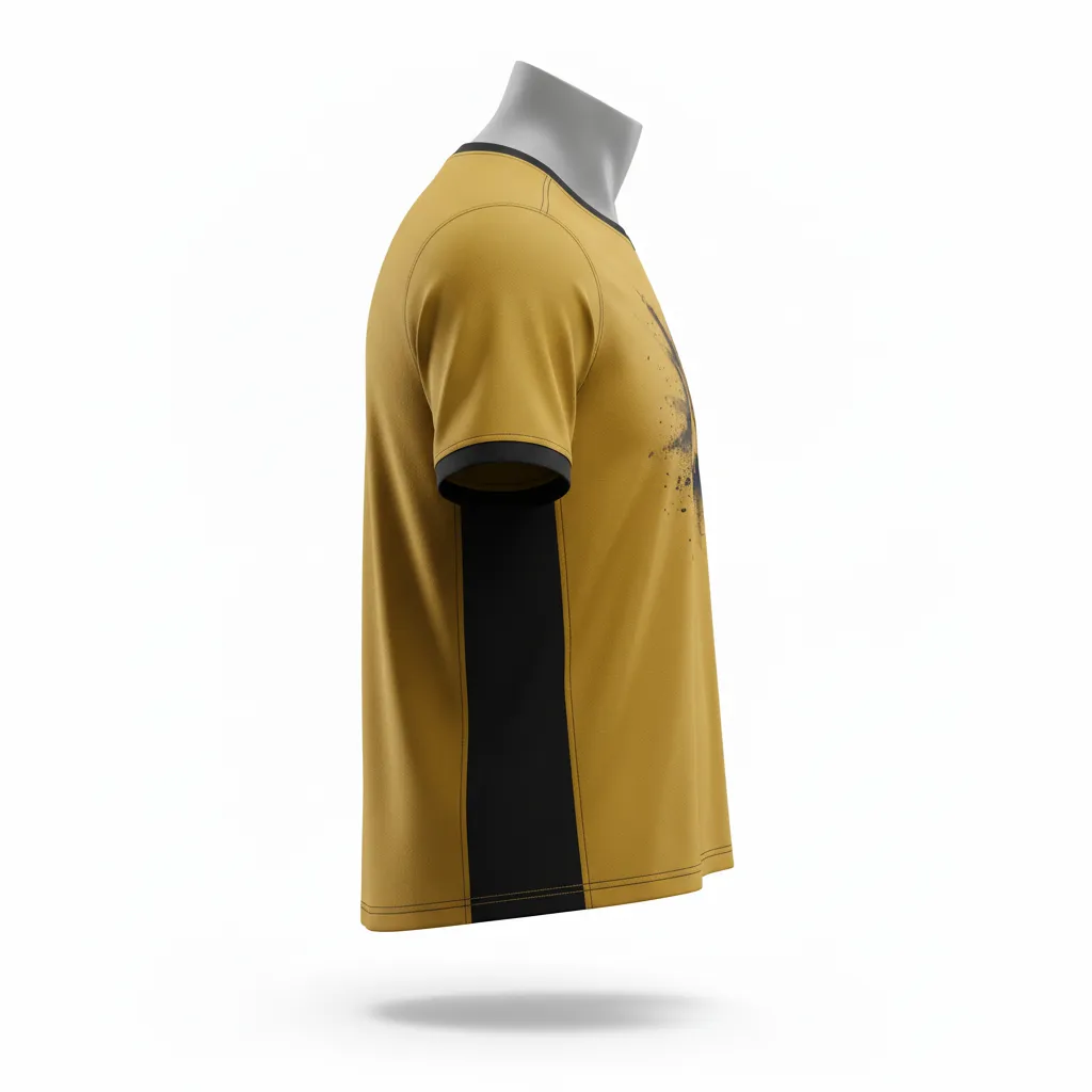 Custom Lacrosse Short Sleeve T Shirt - Gold, Black - Athletic Goal Dust Explosion - Side View - Kinexa Sportswear