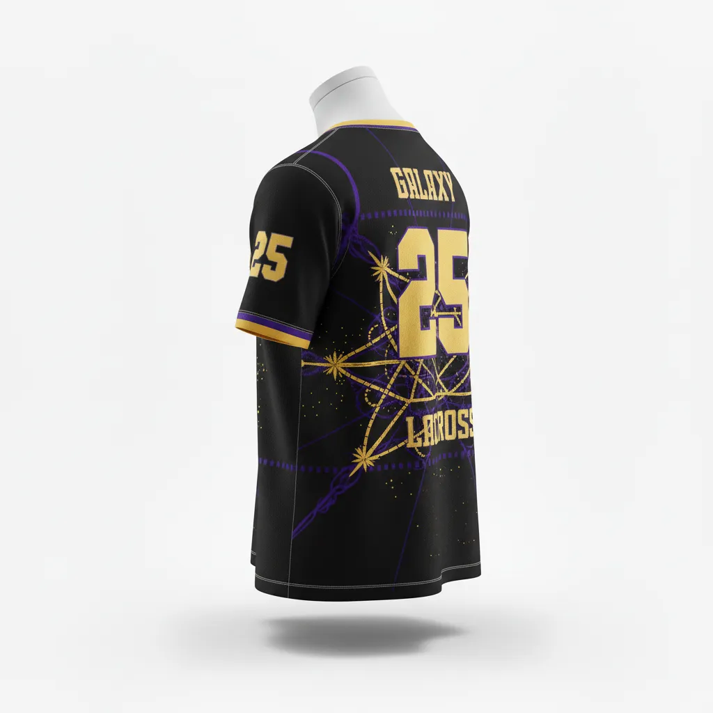 Custom Lacrosse Short Sleeve T Shirt - Black, Gold, Purple - Creator S Game Celestial - Back View - Kinexa Sportswear