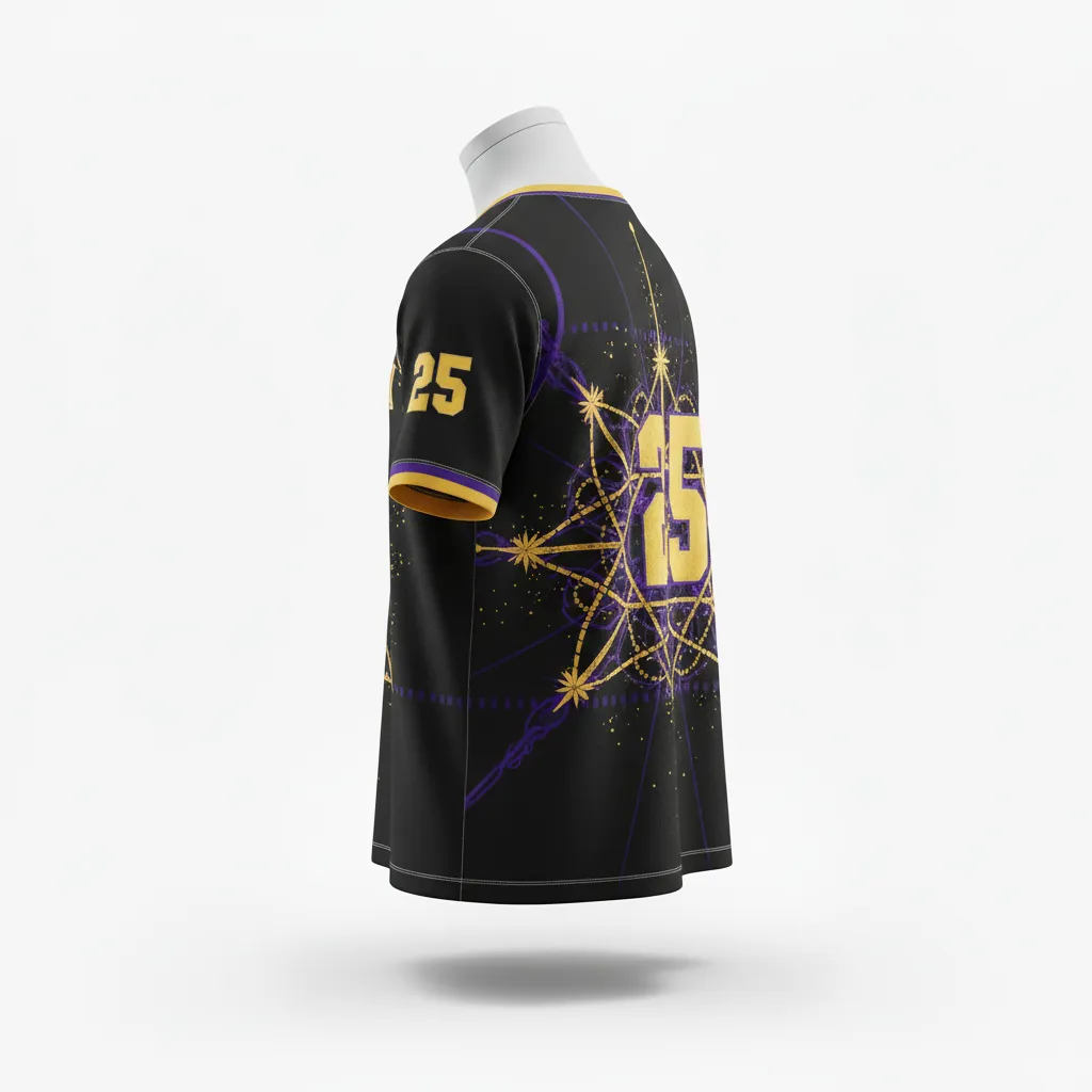 Custom Lacrosse Short Sleeve T Shirt - Black, Gold, Purple - Creator S Game Celestial - Front View - Kinexa Sportswear