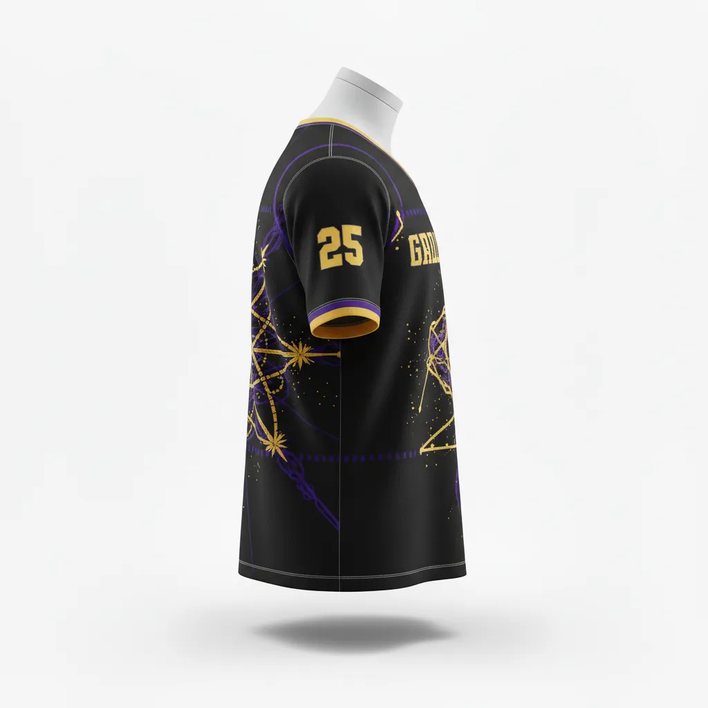 Custom Lacrosse Short Sleeve T Shirt - Black, Gold, Purple - Creator S Game Celestial - Side View - Kinexa Sportswear