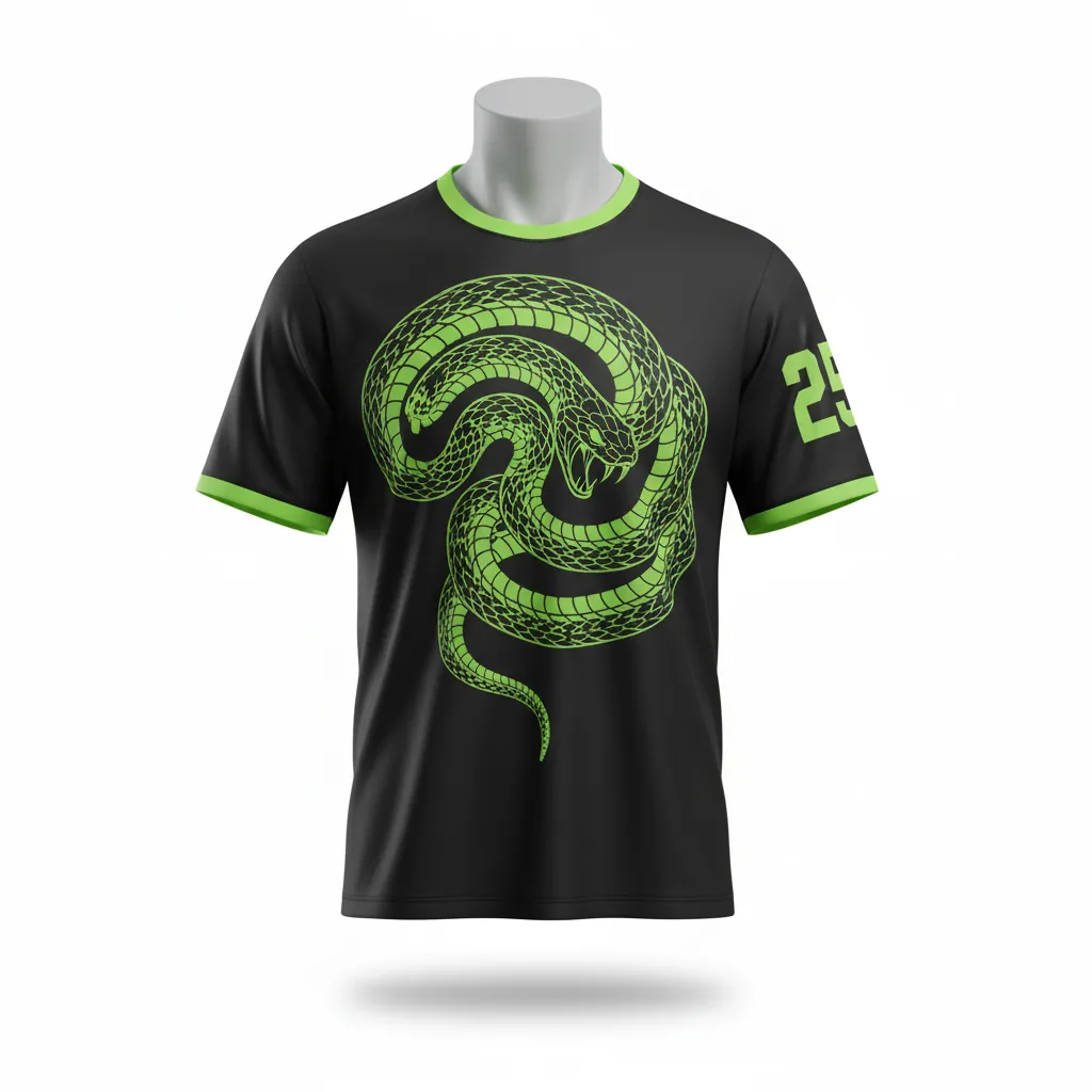 Custom Lacrosse Short Sleeve T Shirt - Black, Green - Neon Serpent Strike - Front View - Kinexa Sportswear