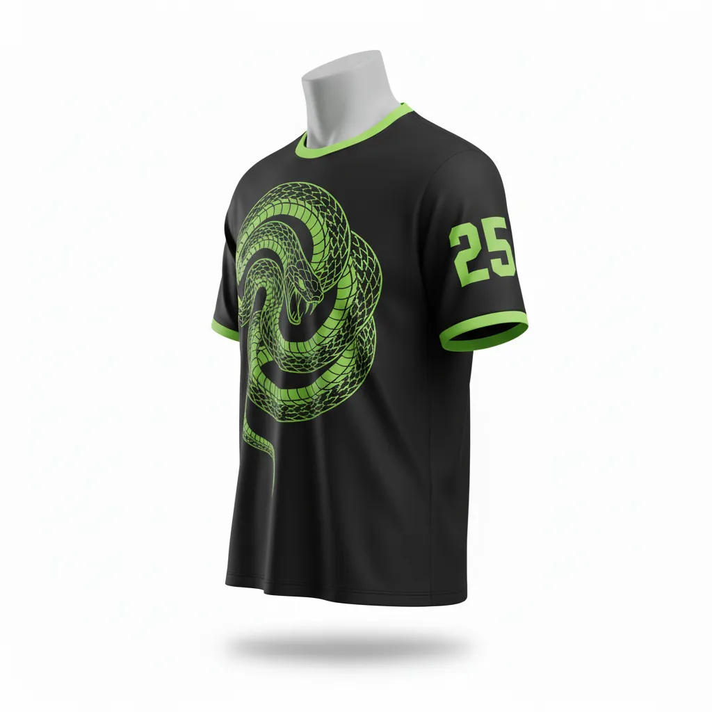 Custom Lacrosse Short Sleeve T Shirt - Black, Green - Neon Serpent Strike - Side View - Kinexa Sportswear