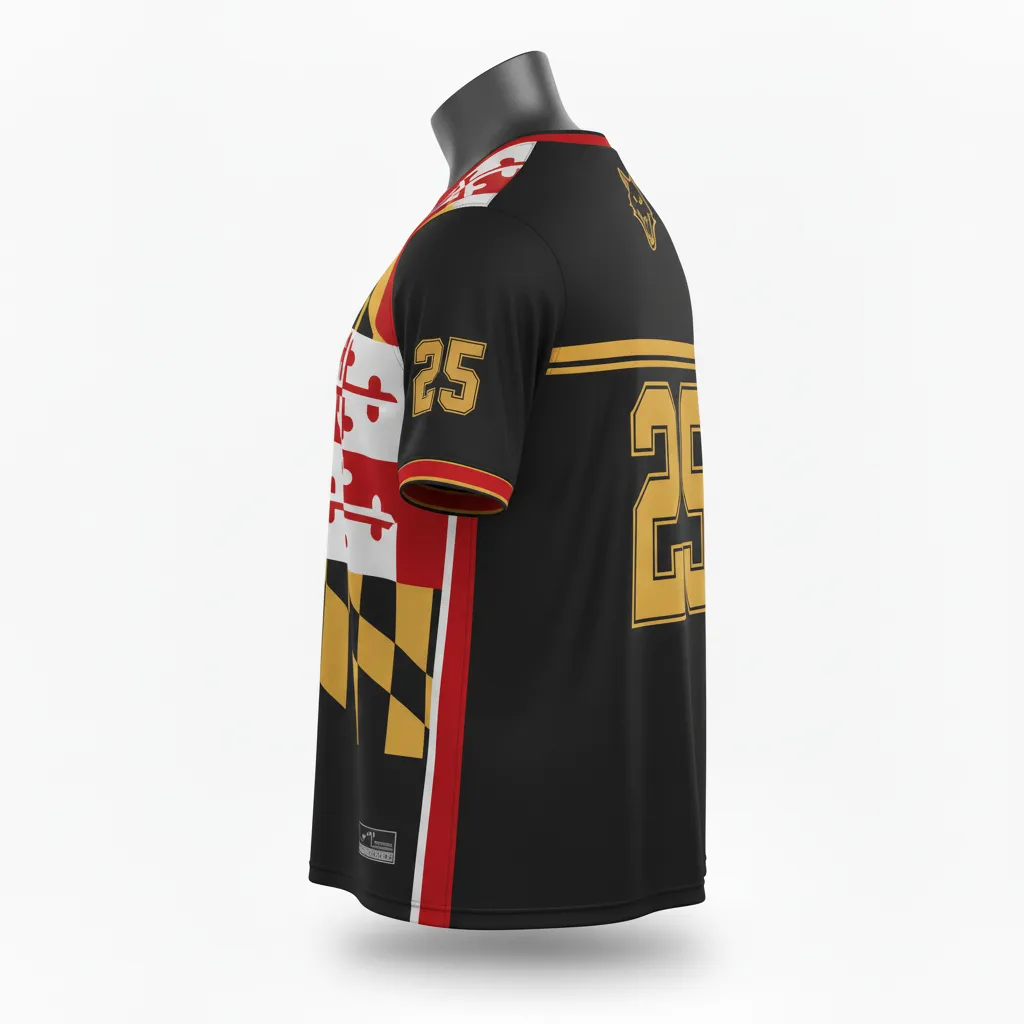 Custom Lacrosse Short Sleeve T Shirt - Black, Red, Gold - Maryland Pride - Side View - Kinexa Sportswear
