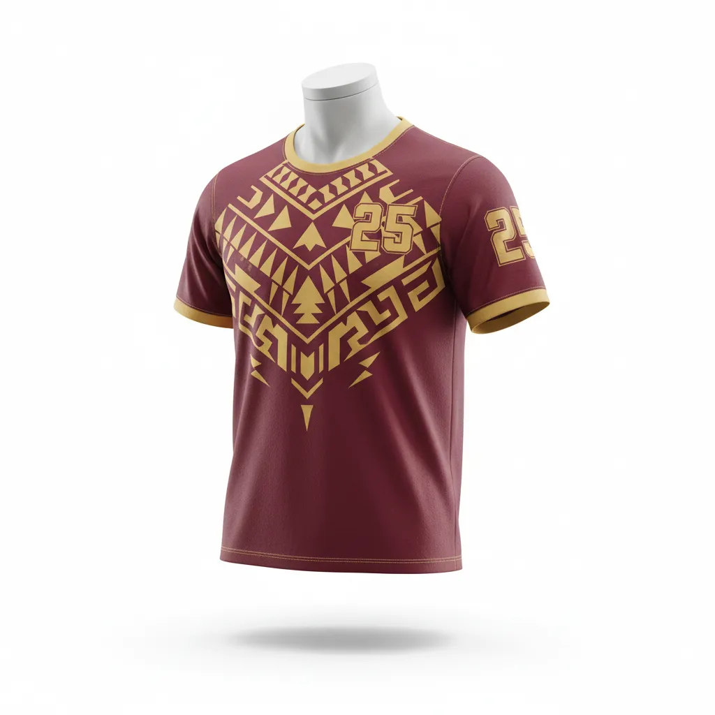 Custom Lacrosse Short Sleeve T Shirt - Burgundy, Gold - Vegas Tribal Clash - Front View - Kinexa Sportswear