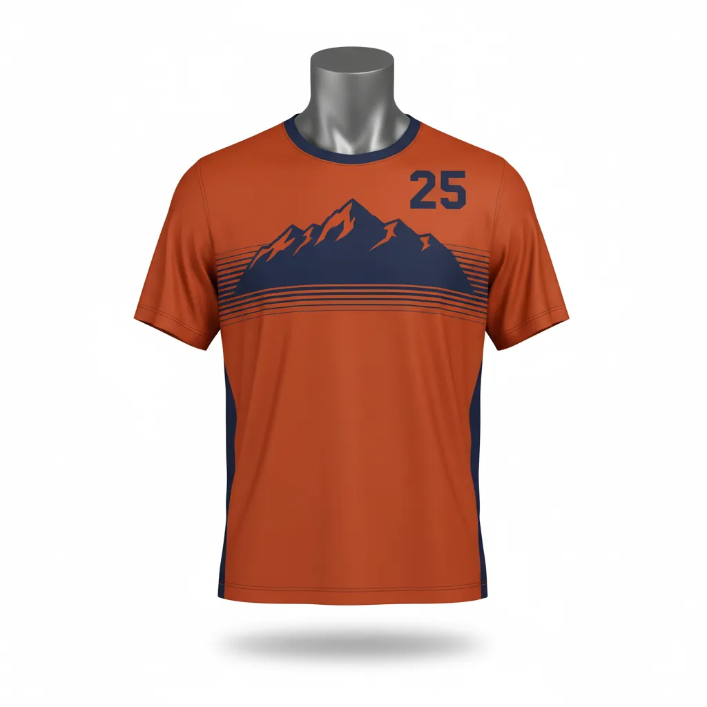 Custom Lacrosse Short Sleeve T Shirt - Burnt, Orange, Navy - Upstate Mountain - Front View - Kinexa Sportswear