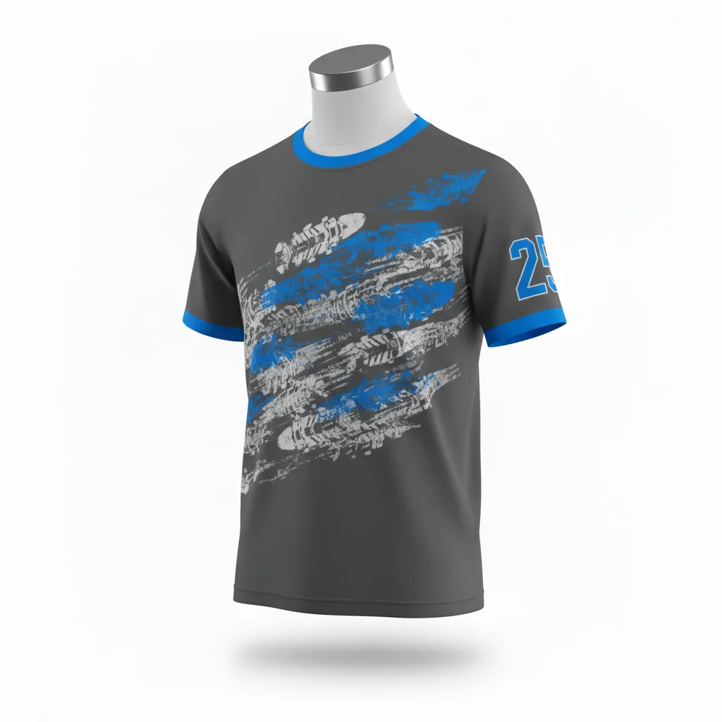 Custom Lacrosse Short Sleeve T Shirt - Blue - Charcoal Electric Cleat Marks Trail - Front View - Kinexa Sportswear