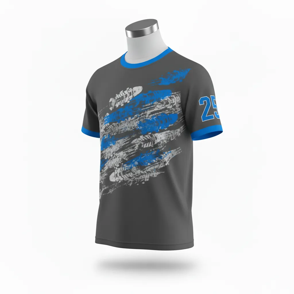 Custom Lacrosse Short Sleeve T Shirt - Blue - Charcoal Electric Cleat Marks Trail - Side View - Kinexa Sportswear