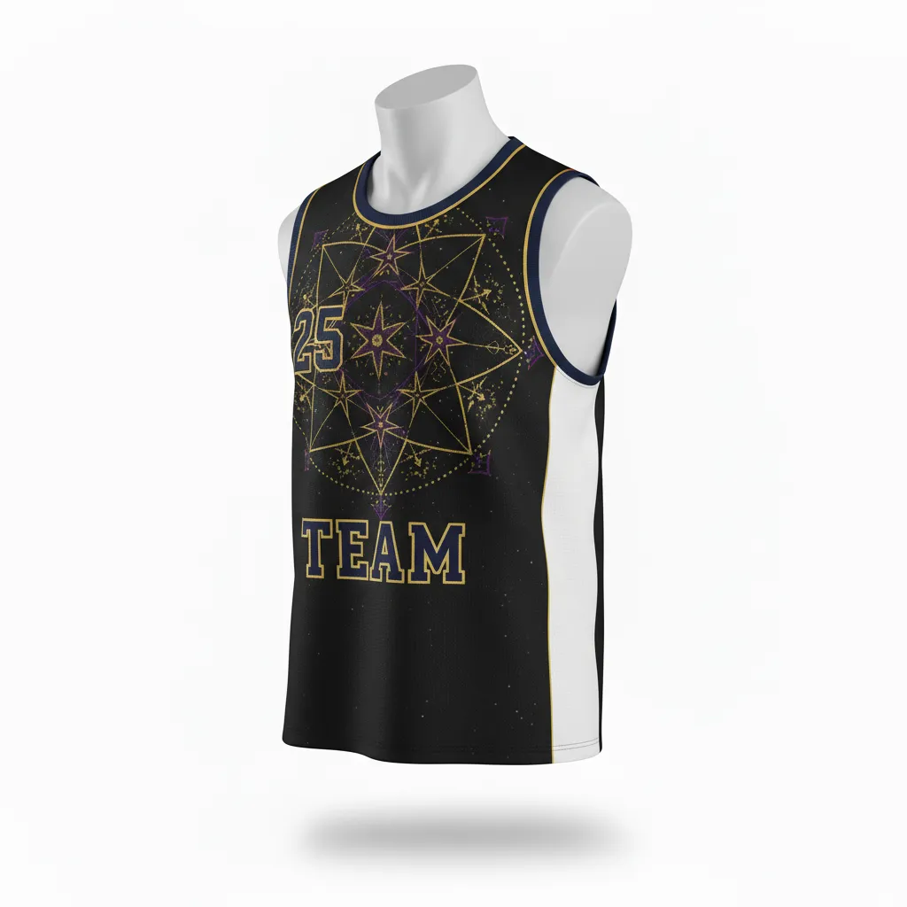 Custom Lacrosse Sleeveless Lacrosse Jersey - Black, Gold, Purple - Creator S Game Celestial - Front View - Kinexa Sportswear