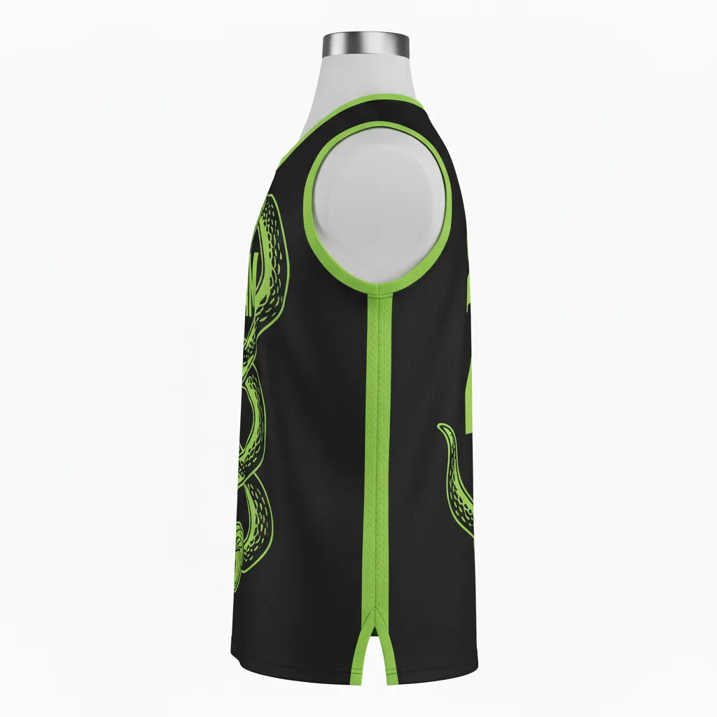 Custom Lacrosse Sleeveless Lacrosse Jersey - Black, Green - Neon Serpent Strike - Side View - Kinexa Sportswear