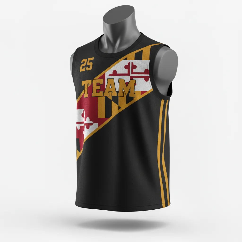 Custom Lacrosse Sleeveless Lacrosse Jersey - Black, Red, Gold - Maryland Pride - Front View - Kinexa Sportswear