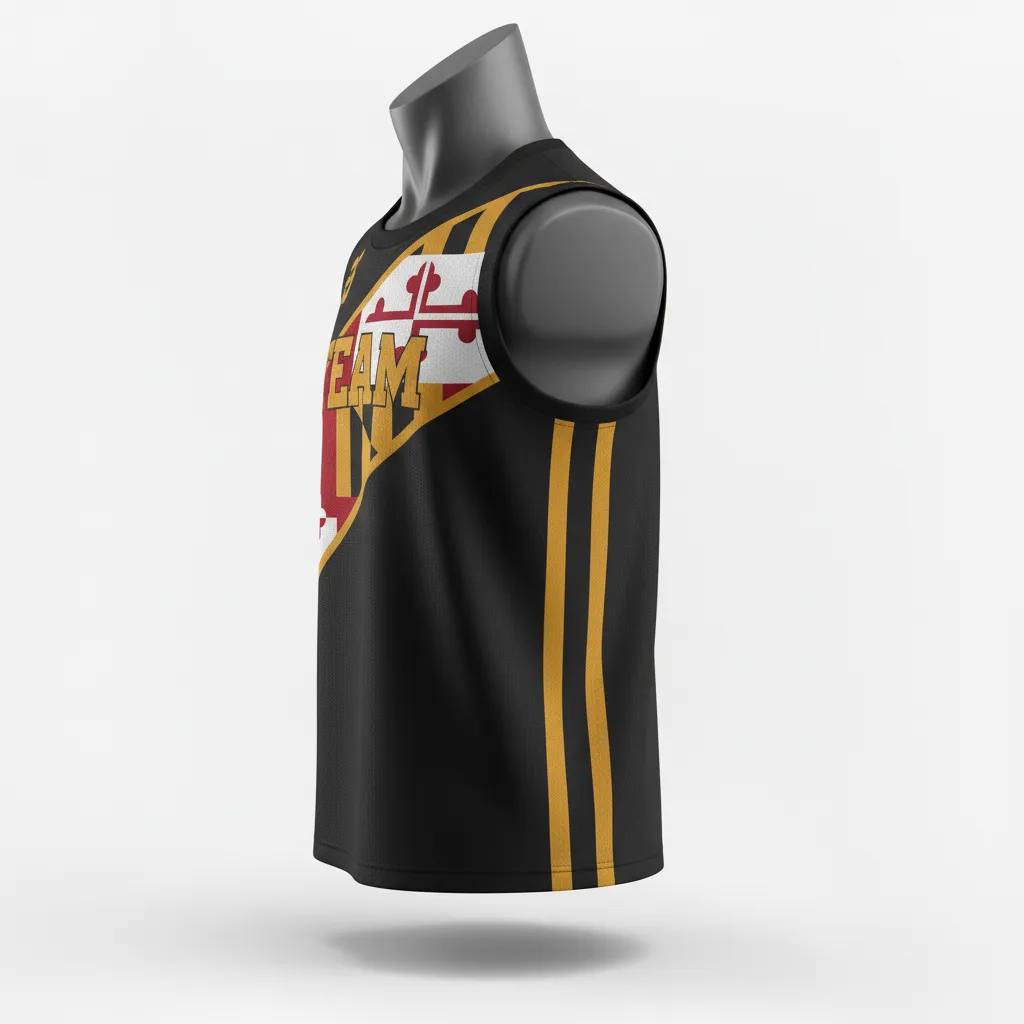 Custom Lacrosse Sleeveless Lacrosse Jersey - Black, Red, Gold - Maryland Pride - Side View - Kinexa Sportswear