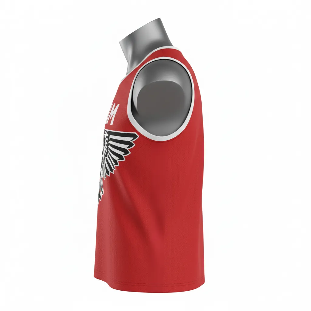 Custom Lacrosse Sleeveless Lacrosse Jersey - Red, White - Cardinal Thunderbird Spirit - Side View - Kinexa Sportswear