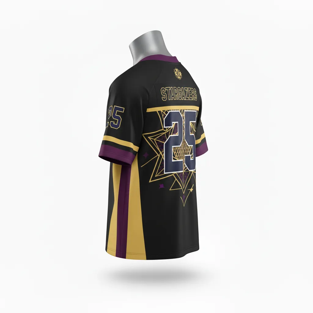 Custom Lacrosse Standard Lacrosse Jersey - Black, Gold, Purple - V Neck Creator S Game Celestial - Front View - Kinexa Sportswear