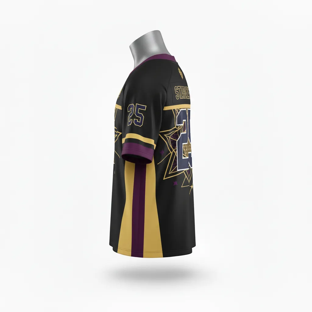 Custom Lacrosse Standard Lacrosse Jersey - Black, Gold, Purple - V Neck Creator S Game Celestial - Side View - Kinexa Sportswear