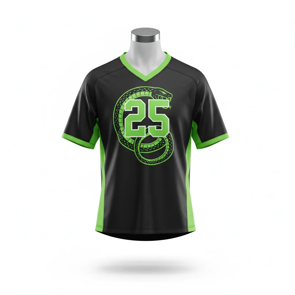Custom Lacrosse Standard Lacrosse Jersey - Black, Green - V Neck Neon Serpent Strike - Front View - Kinexa Sportswear