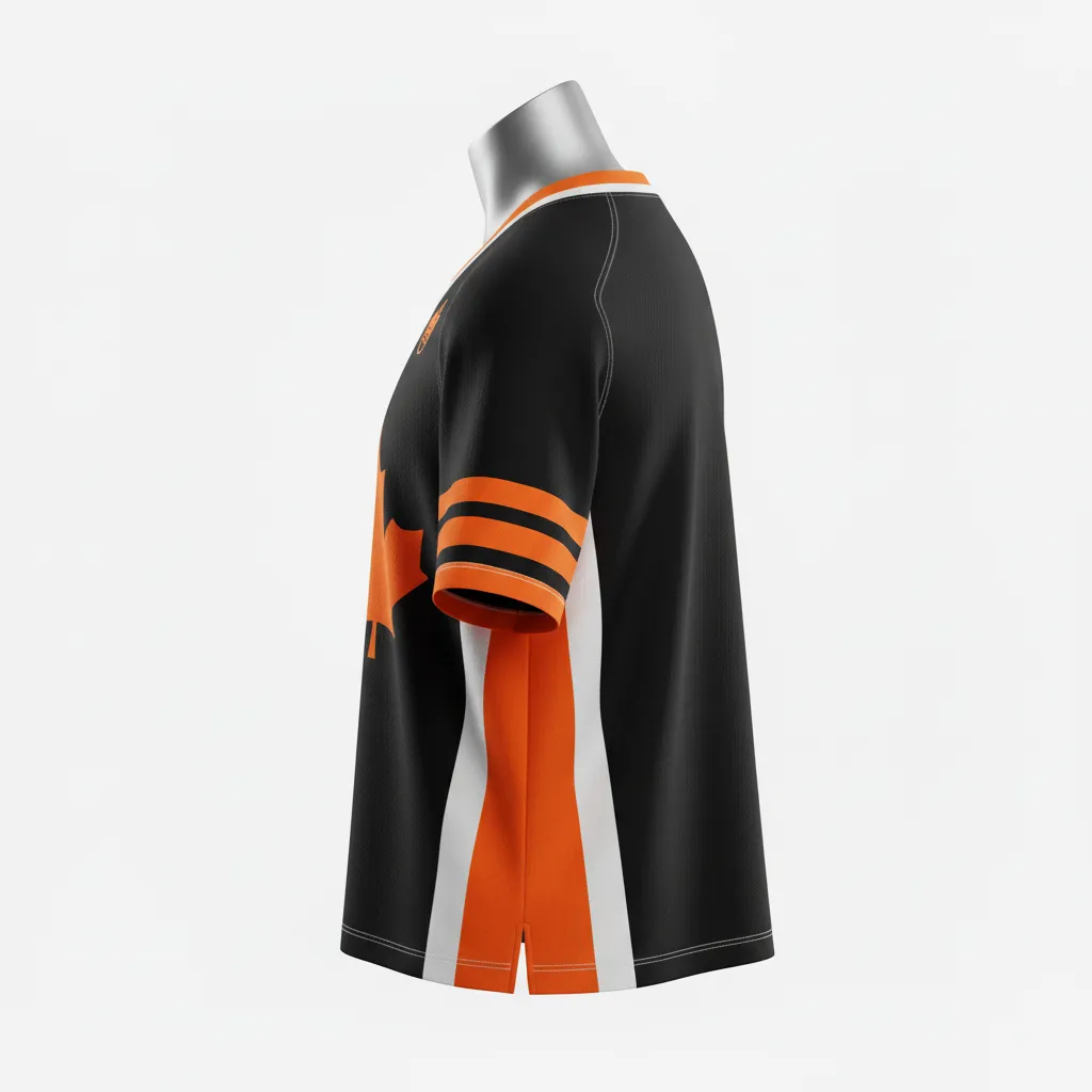 Custom Lacrosse Standard Lacrosse Jersey - Black, Orange, White - V Neck Long Island Strong - Side View - Kinexa Sportswear