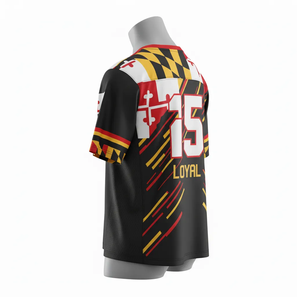 Custom Lacrosse Standard Lacrosse Jersey - Black, Red, Gold - V Neck Maryland Pride - Back View - Kinexa Sportswear