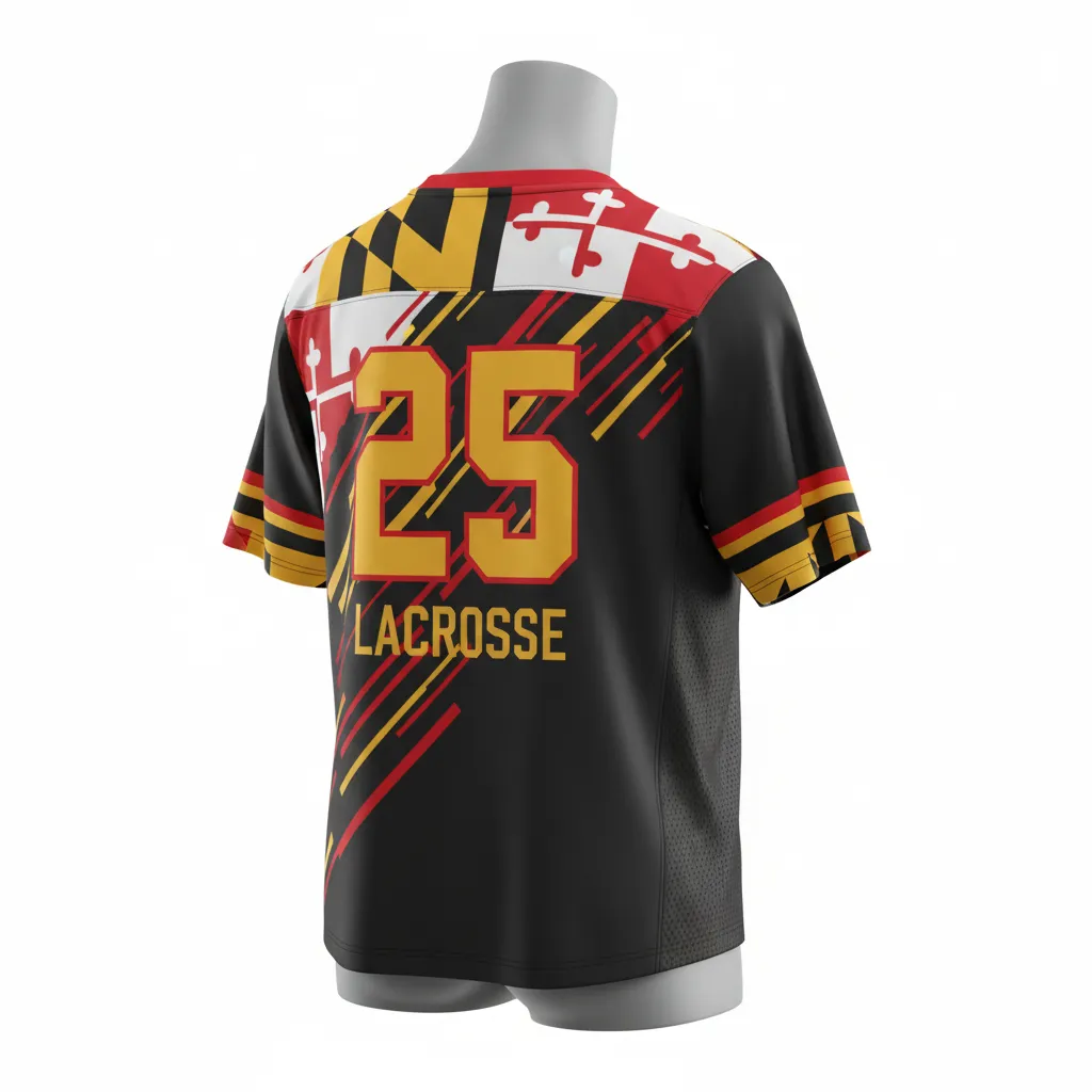 Custom Lacrosse Standard Lacrosse Jersey - Black, Red, Gold - V Neck Maryland Pride - Front View - Kinexa Sportswear