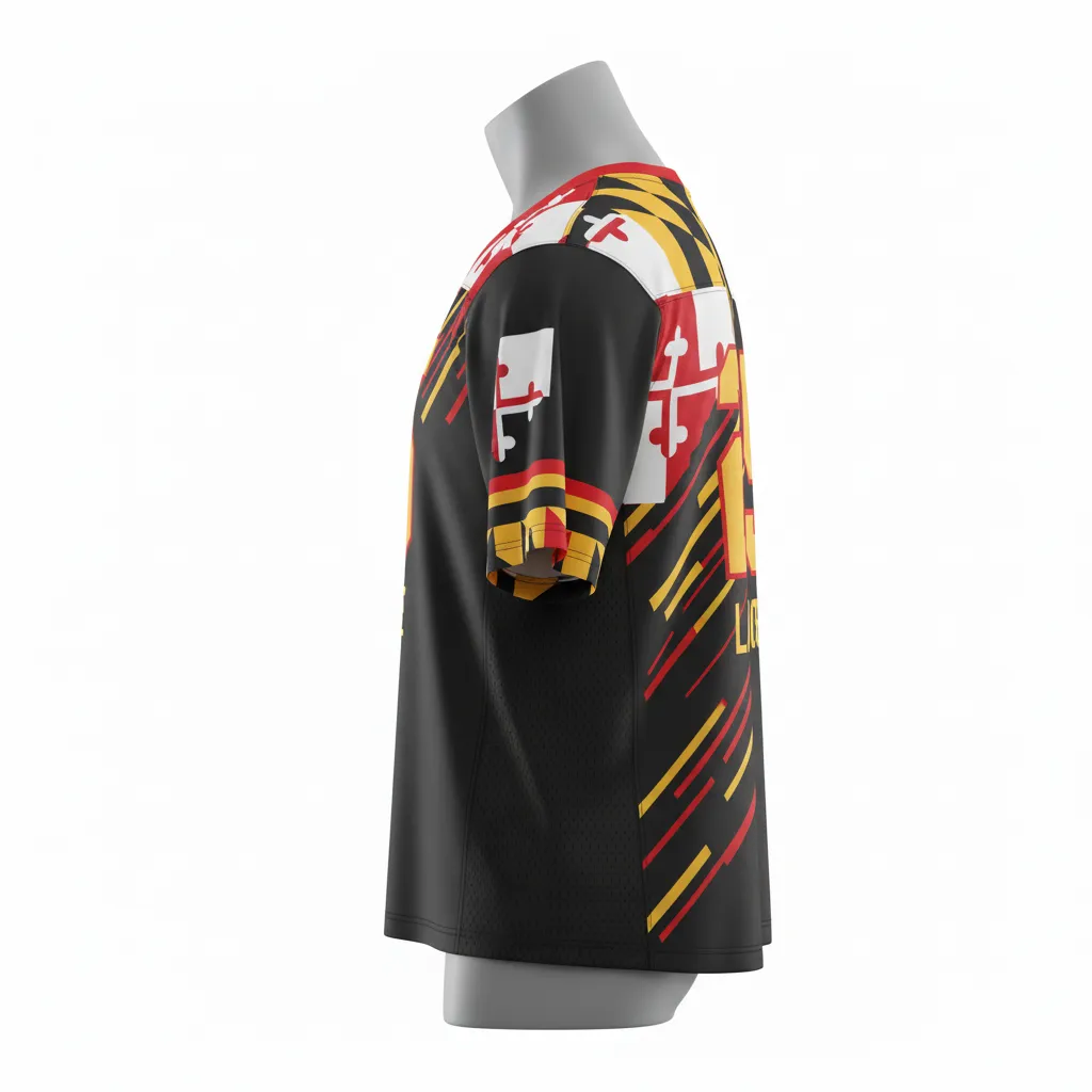 Custom Lacrosse Standard Lacrosse Jersey - Black, Red, Gold - V Neck Maryland Pride - Side View - Kinexa Sportswear