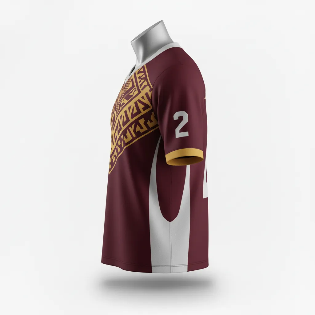 Custom Lacrosse Standard Lacrosse Jersey - Burgundy, Gold - V Neck Vegas Tribal Clash - Side View - Kinexa Sportswear