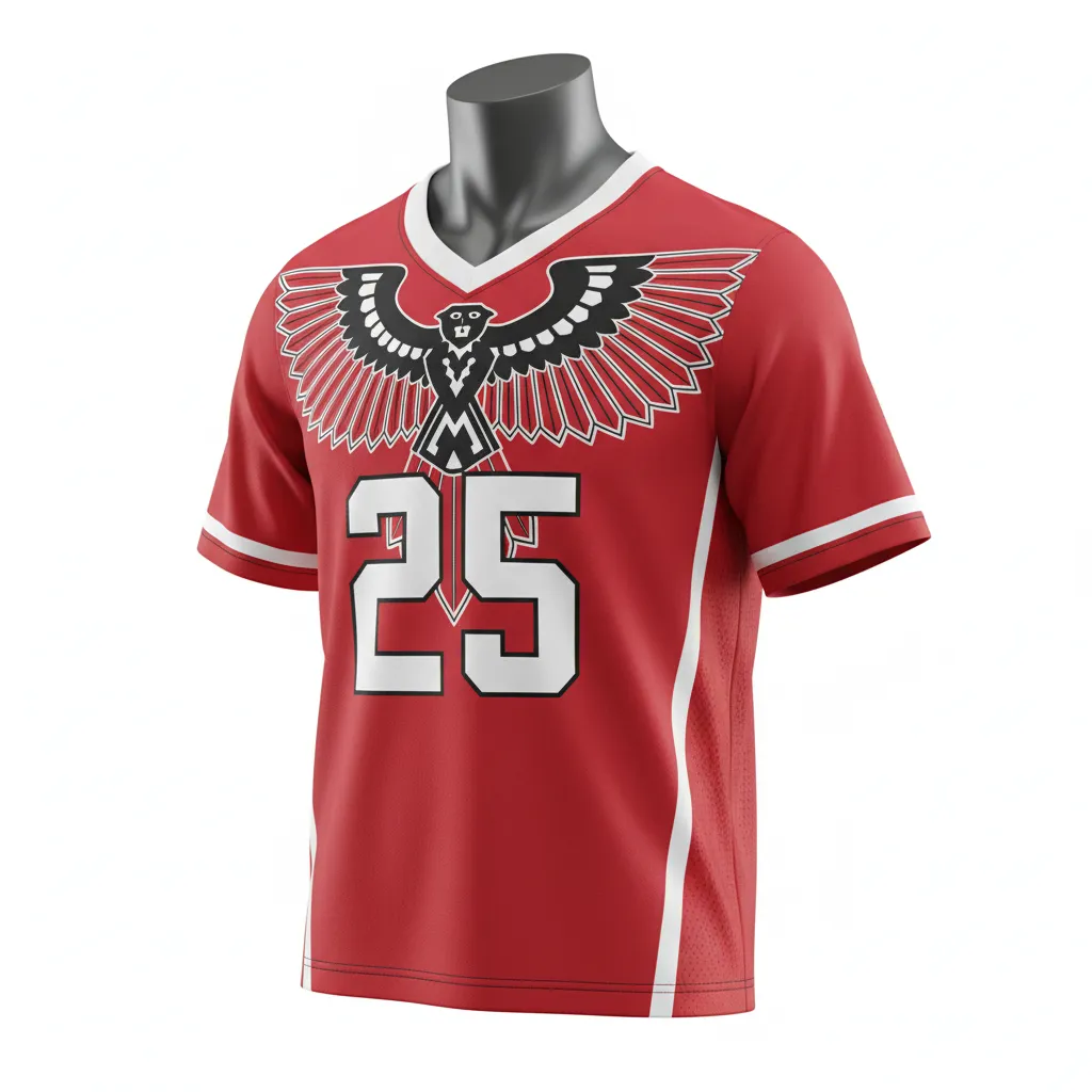 Custom Lacrosse Standard Lacrosse Jersey - Red, White - V Neck Cardinal Thunderbird Spirit - Front View - Kinexa Sportswear