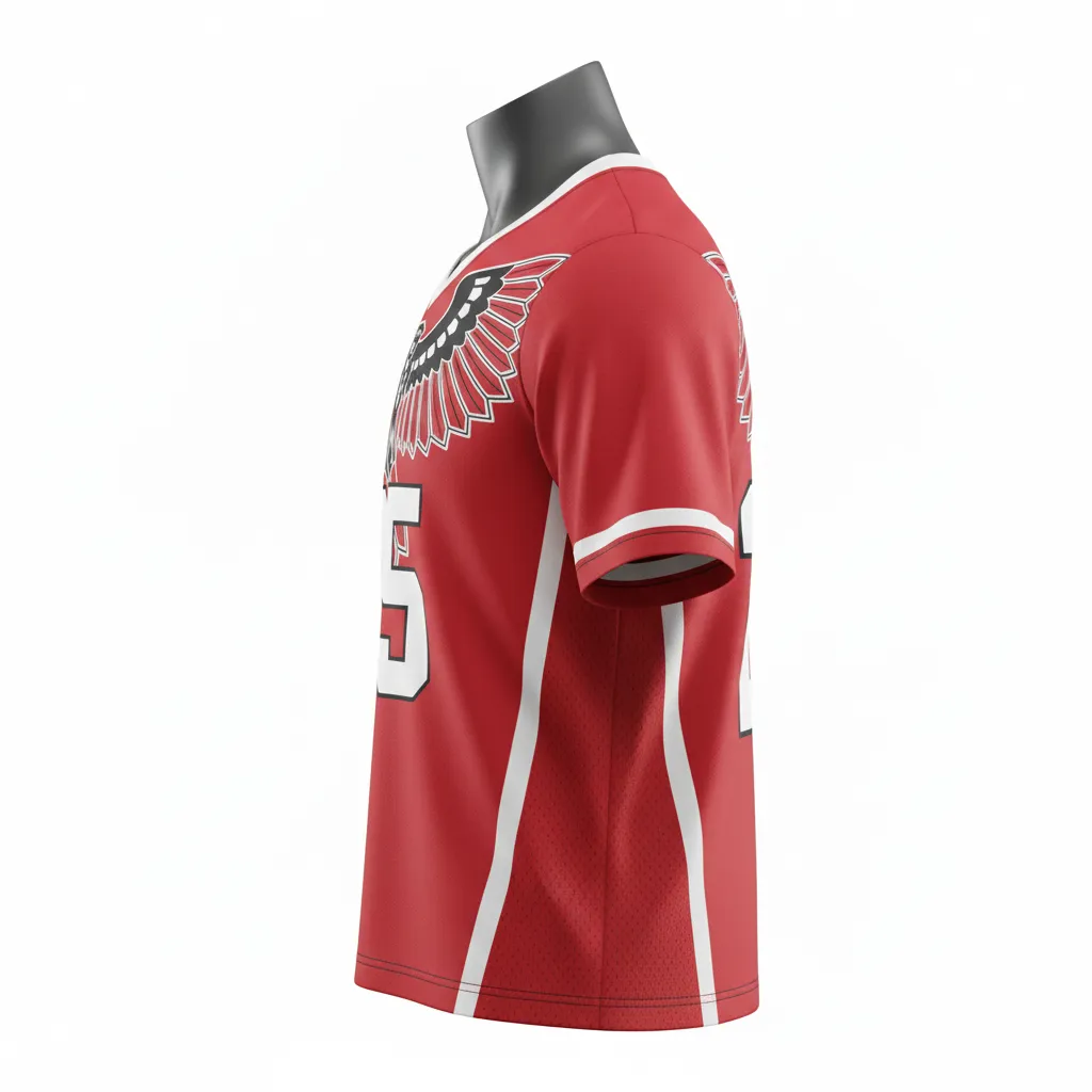 Custom Lacrosse Standard Lacrosse Jersey - Red, White - V Neck Cardinal Thunderbird Spirit - Side View - Kinexa Sportswear