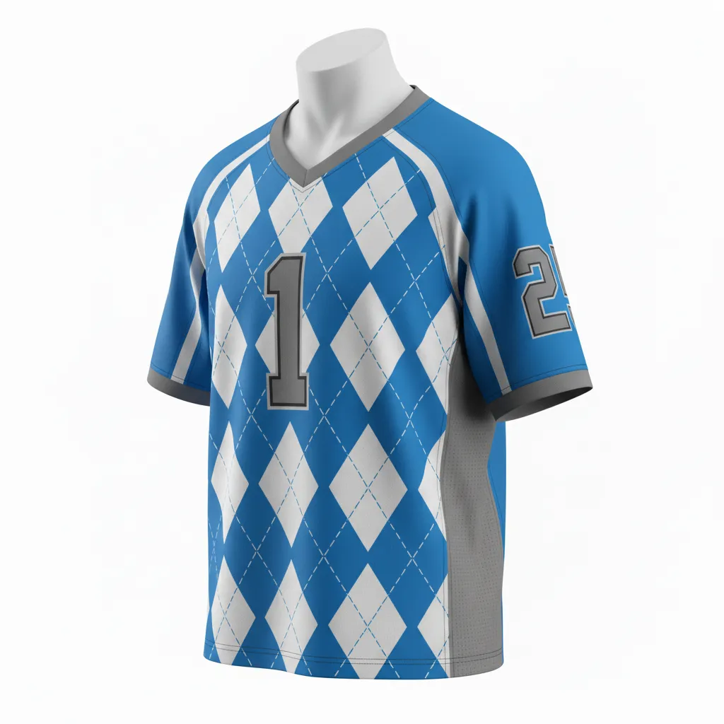 Custom Lacrosse Standard Lacrosse Jersey - Blue, White, Blue - V Neck Carolina Tar Heel - Front View - Kinexa Sportswear