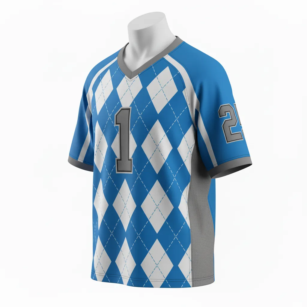 Custom Lacrosse Standard Lacrosse Jersey - Blue, White, Blue - V Neck Carolina Tar Heel - Side View - Kinexa Sportswear