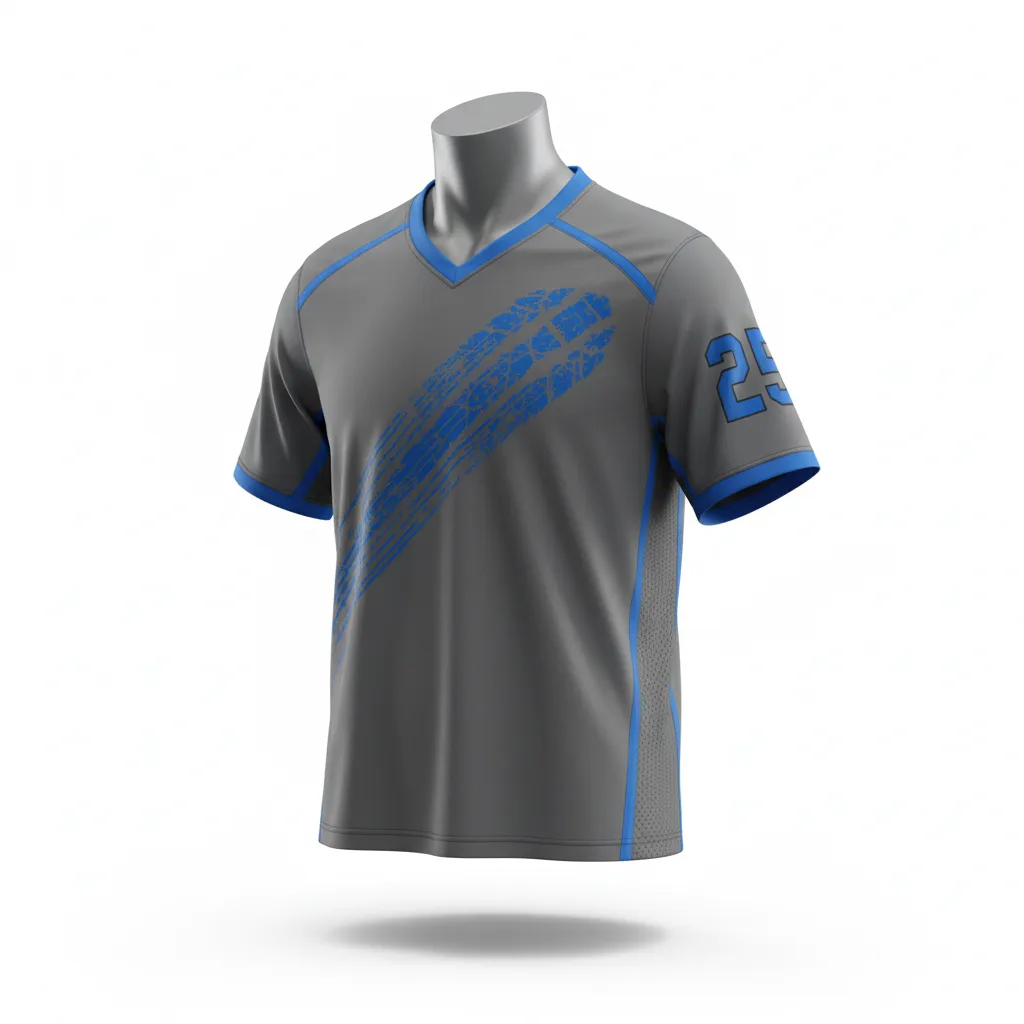 Custom Lacrosse Standard Lacrosse Jersey - Blue - V Neck Charcoal Electric Cleat Marks Trail - Front View - Kinexa Sportswear