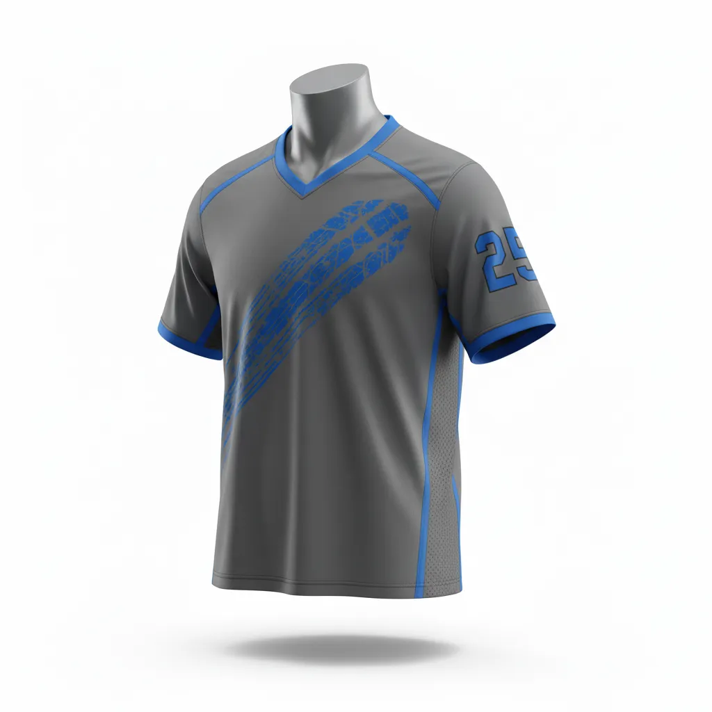 Custom Lacrosse Standard Lacrosse Jersey - Blue - V Neck Charcoal Electric Cleat Marks Trail - Side View - Kinexa Sportswear