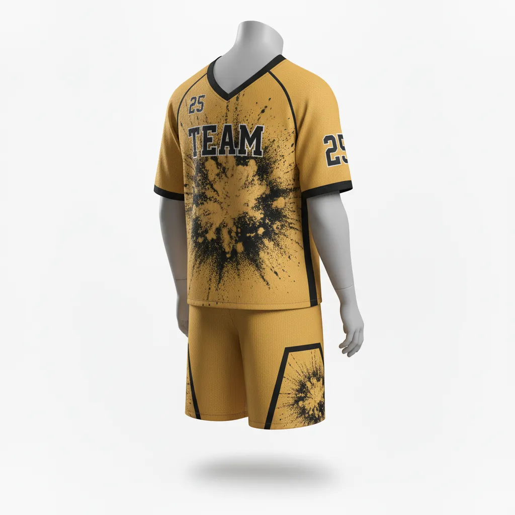 Custom Lacrosse Standard Lacrosse Uniform - Gold, Black - Athletic Goal Dust Explosion - Front View - Kinexa Sportswear