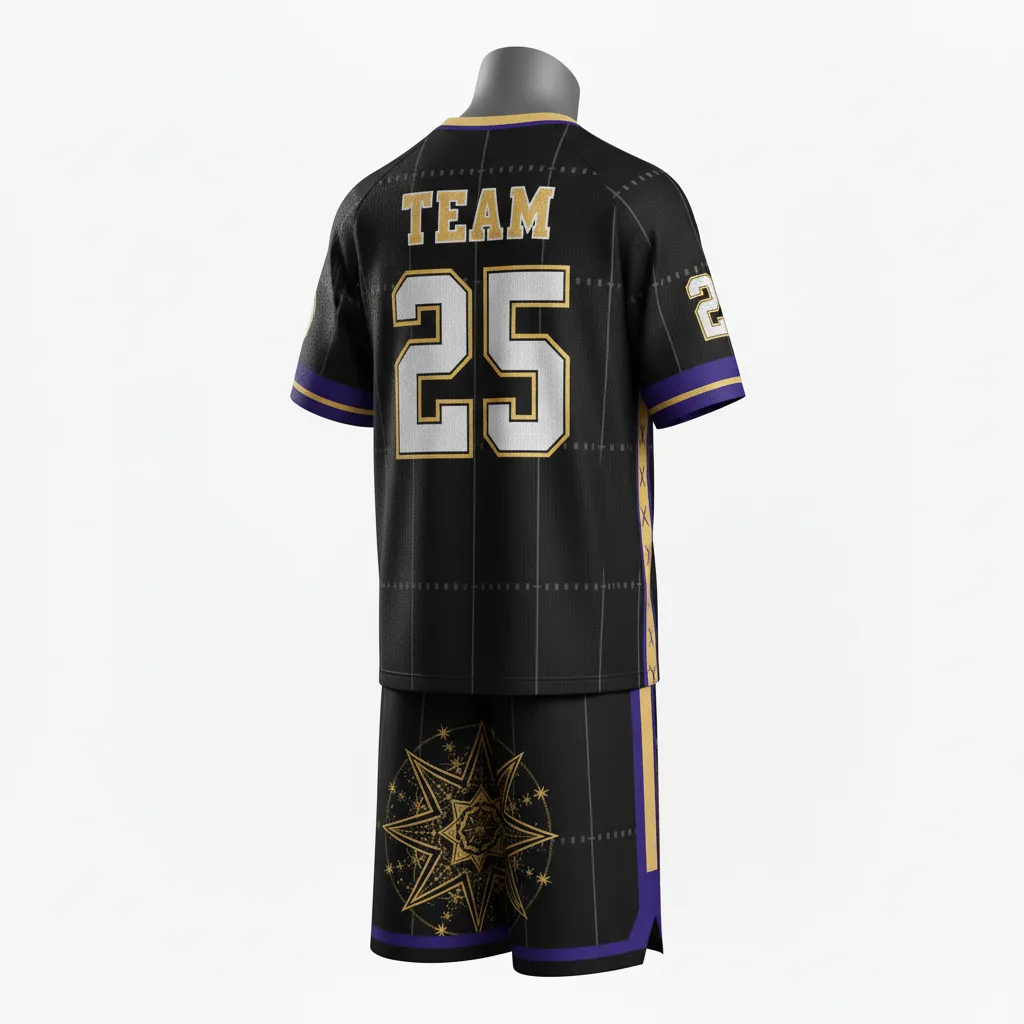 Custom Lacrosse Standard Lacrosse Uniform - Black, Gold, Purple - Creator S Game Celestial - Back View - Kinexa Sportswear
