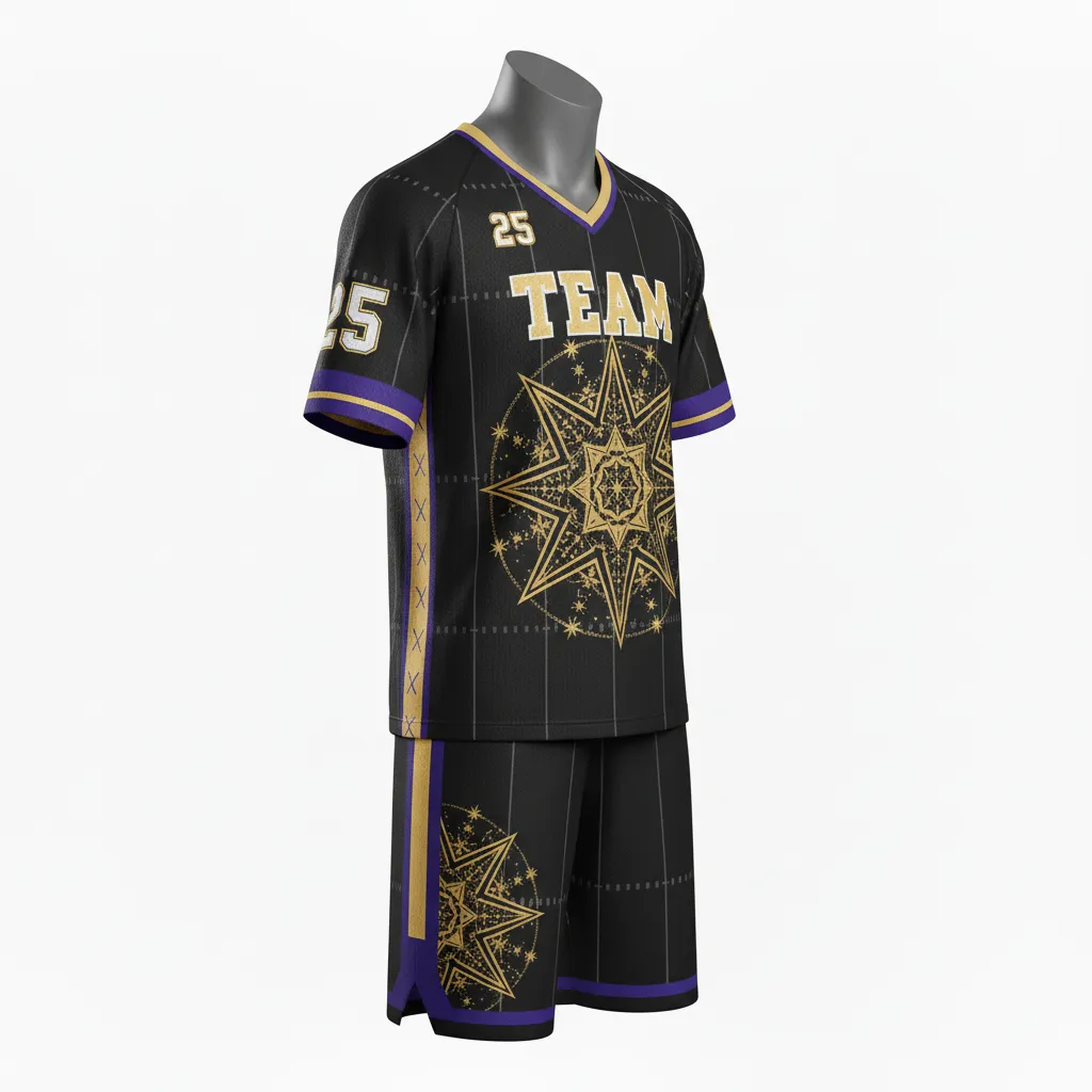 Custom Lacrosse Standard Lacrosse Uniform - Black, Gold, Purple - Creator S Game Celestial - Front View - Kinexa Sportswear