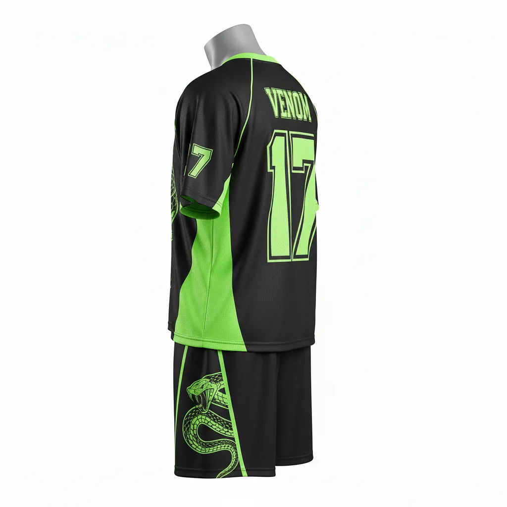 Custom Lacrosse Standard Lacrosse Uniform - Black, Green - Neon Serpent Strike - Back View - Kinexa Sportswear