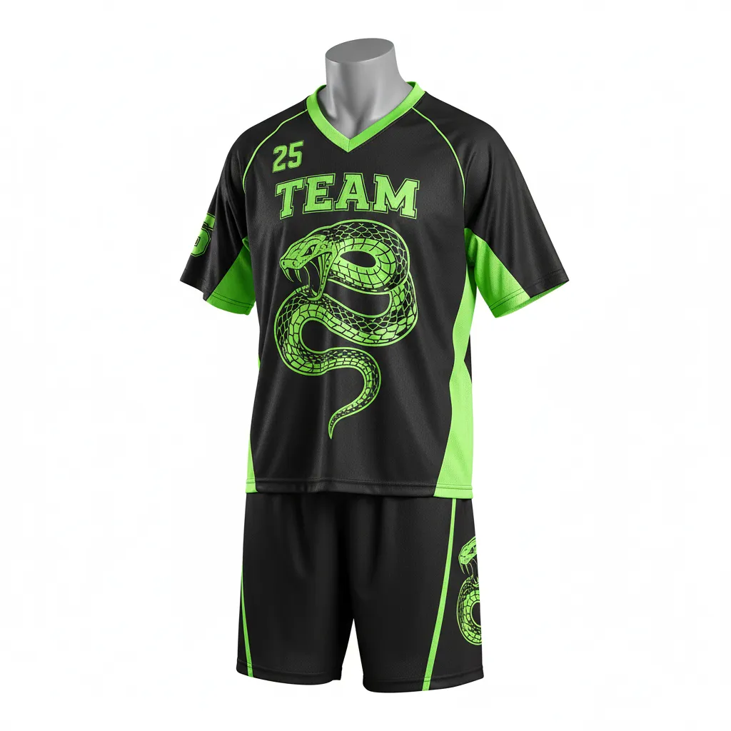 Custom Lacrosse Standard Lacrosse Uniform - Black, Green - Neon Serpent Strike - Front View - Kinexa Sportswear