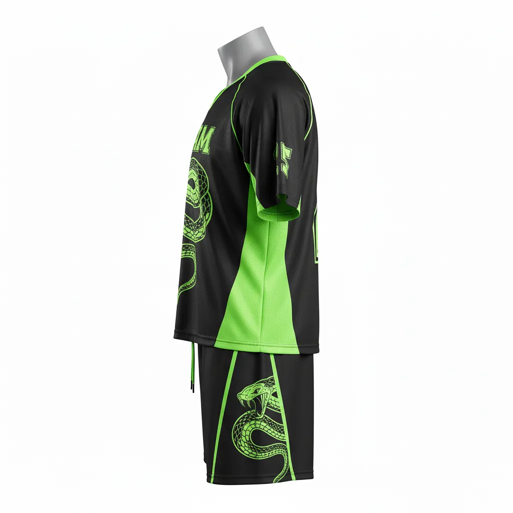 Custom Lacrosse Standard Lacrosse Uniform - Black, Green - Neon Serpent Strike - Side View - Kinexa Sportswear