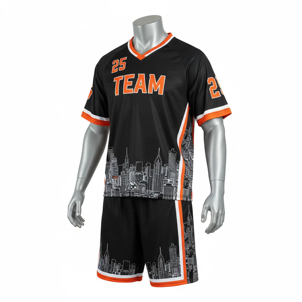 Custom Lacrosse Standard Lacrosse Uniform - Black, Orange, White - Long Island Strong - Front View - Kinexa Sportswear