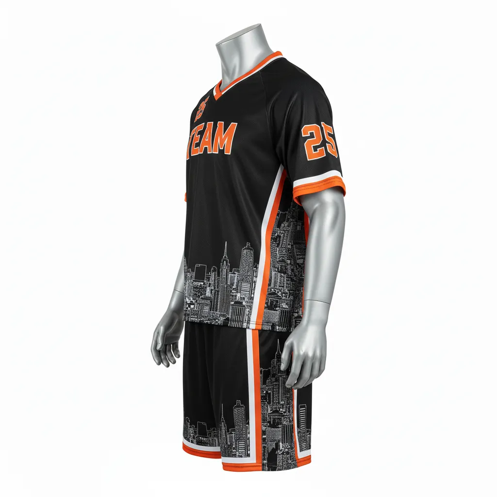 Custom Lacrosse Standard Lacrosse Uniform - Black, Orange, White - Long Island Strong - Side View - Kinexa Sportswear