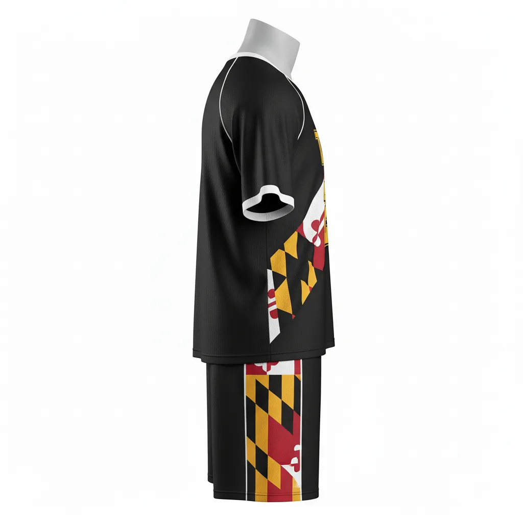 Custom Lacrosse Standard Lacrosse Uniform - Black, Red, Gold - Maryland Pride - Side View - Kinexa Sportswear