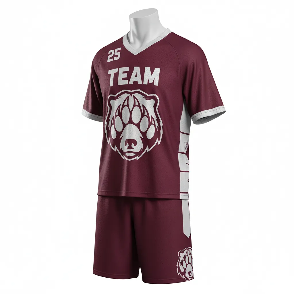 Custom Lacrosse Standard Lacrosse Uniform - Burgundy, Silver - Bear Clan Strength - Front View - Kinexa Sportswear