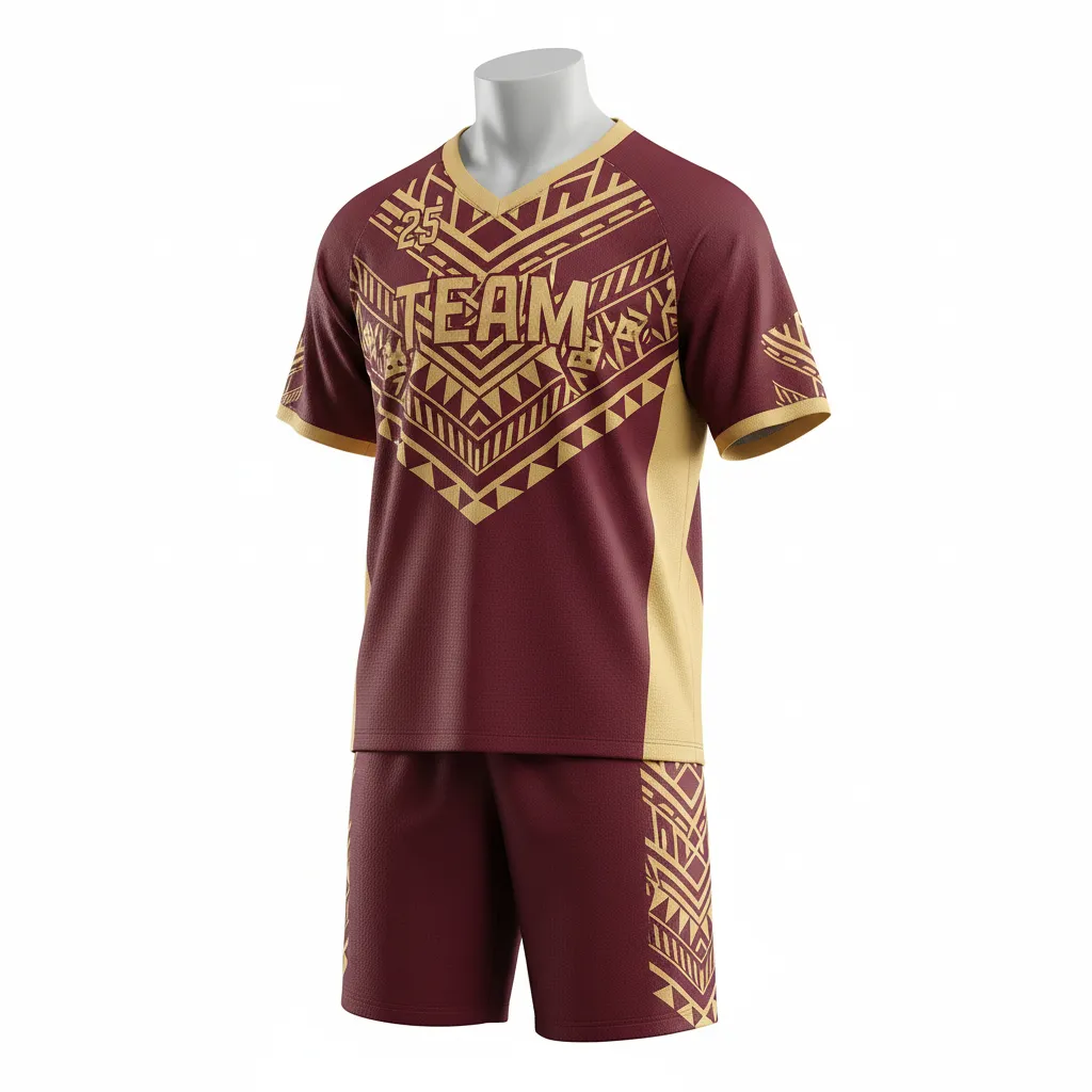 Custom Lacrosse Standard Lacrosse Uniform - Burgundy, Gold - Vegas Tribal Clash - Front View - Kinexa Sportswear