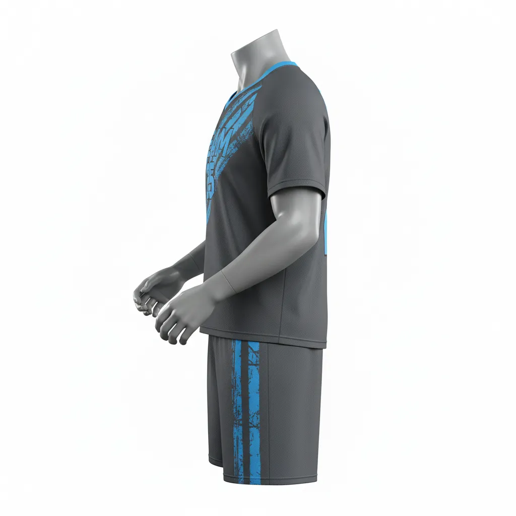 Custom Lacrosse Standard Lacrosse Uniform - Blue - Charcoal Electric Cleat Marks Trail - Side View - Kinexa Sportswear