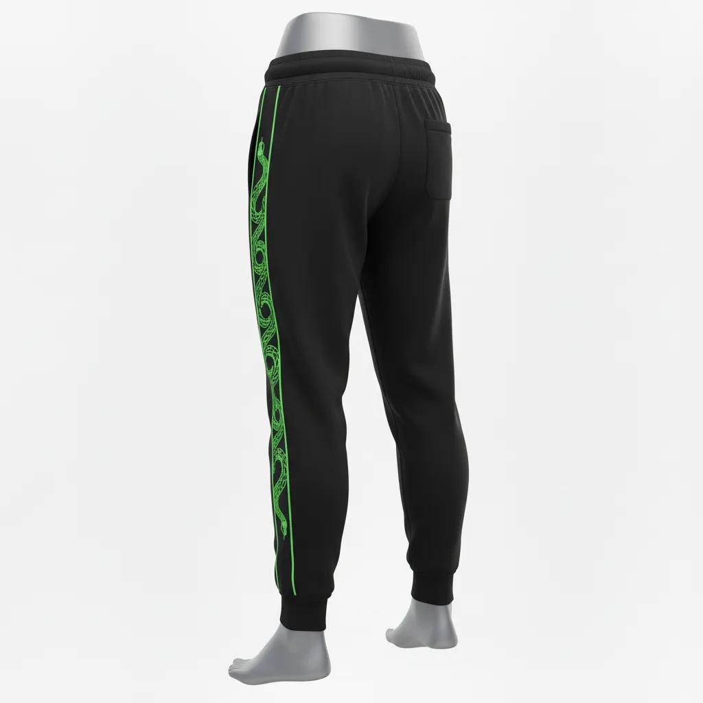 Custom Lacrosse Sweatpant - Black, Green - Neon Serpent Strike - Back View - Kinexa Sportswear