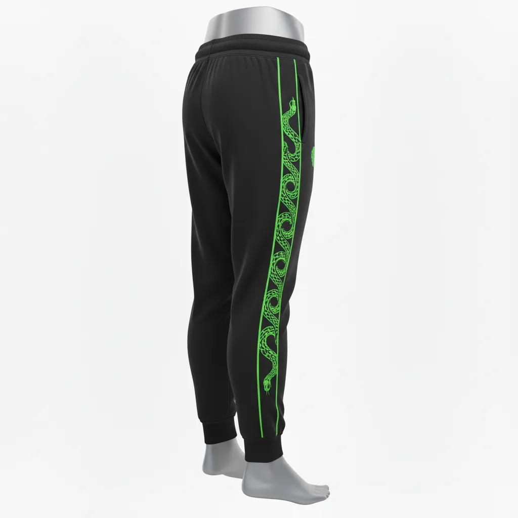 Custom Lacrosse Sweatpant - Black, Green - Neon Serpent Strike - Front View - Kinexa Sportswear