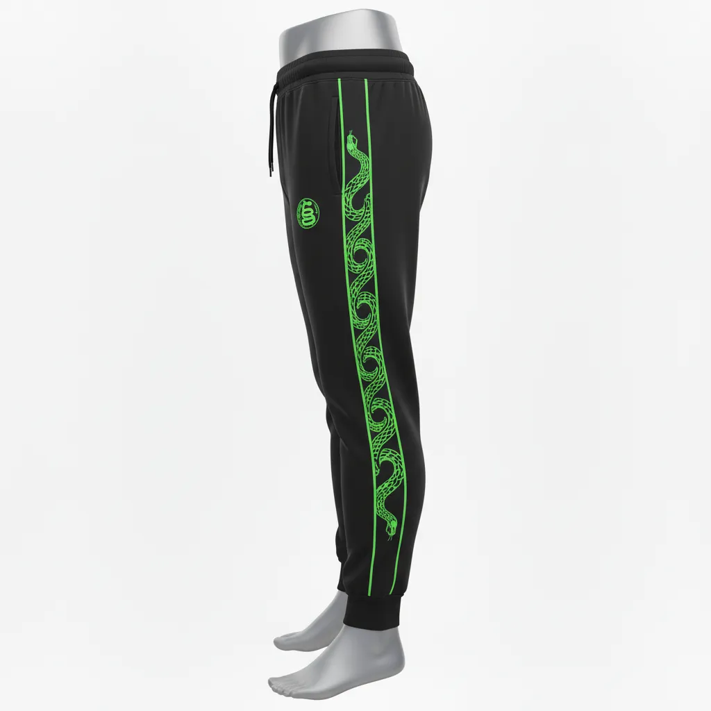 Custom Lacrosse Sweatpant - Black, Green - Neon Serpent Strike - Side View - Kinexa Sportswear